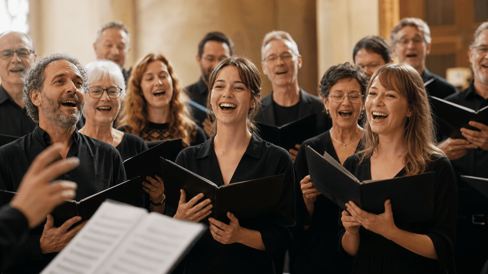 Ein Chor singt mit Notenmappen in einer Kirche, die Sängerinnen und Sänger lachen
